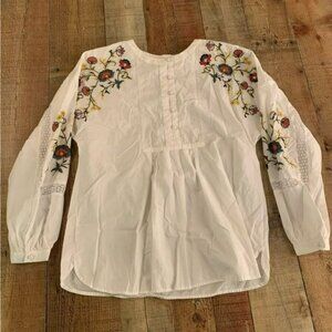 LOFT white 1/4 button up tunic with floral embroidery size small